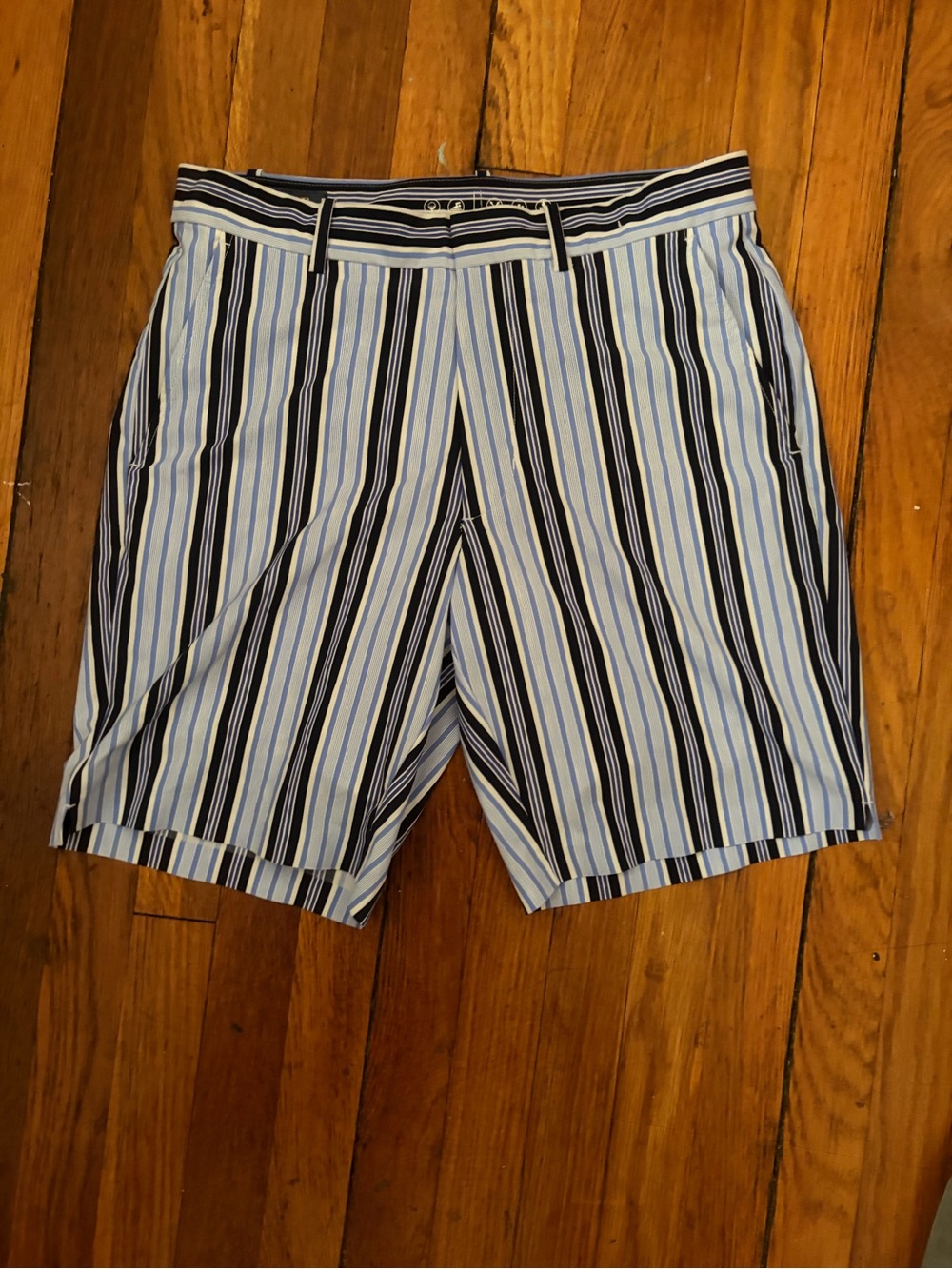 Ralph Lauren Light Blue and Navy Vertical Stripe Flat-Front Shorts
